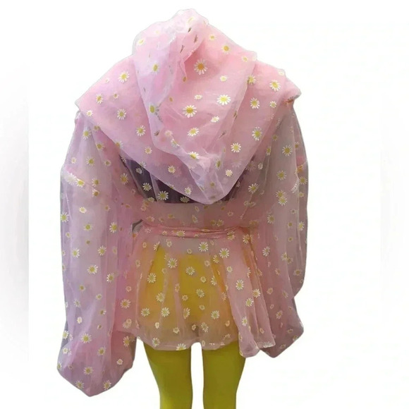House Of Aris Sheer Pink Daisy Festival Cardigan Over Sized Hood Size  Medium - Picture 6 of 11